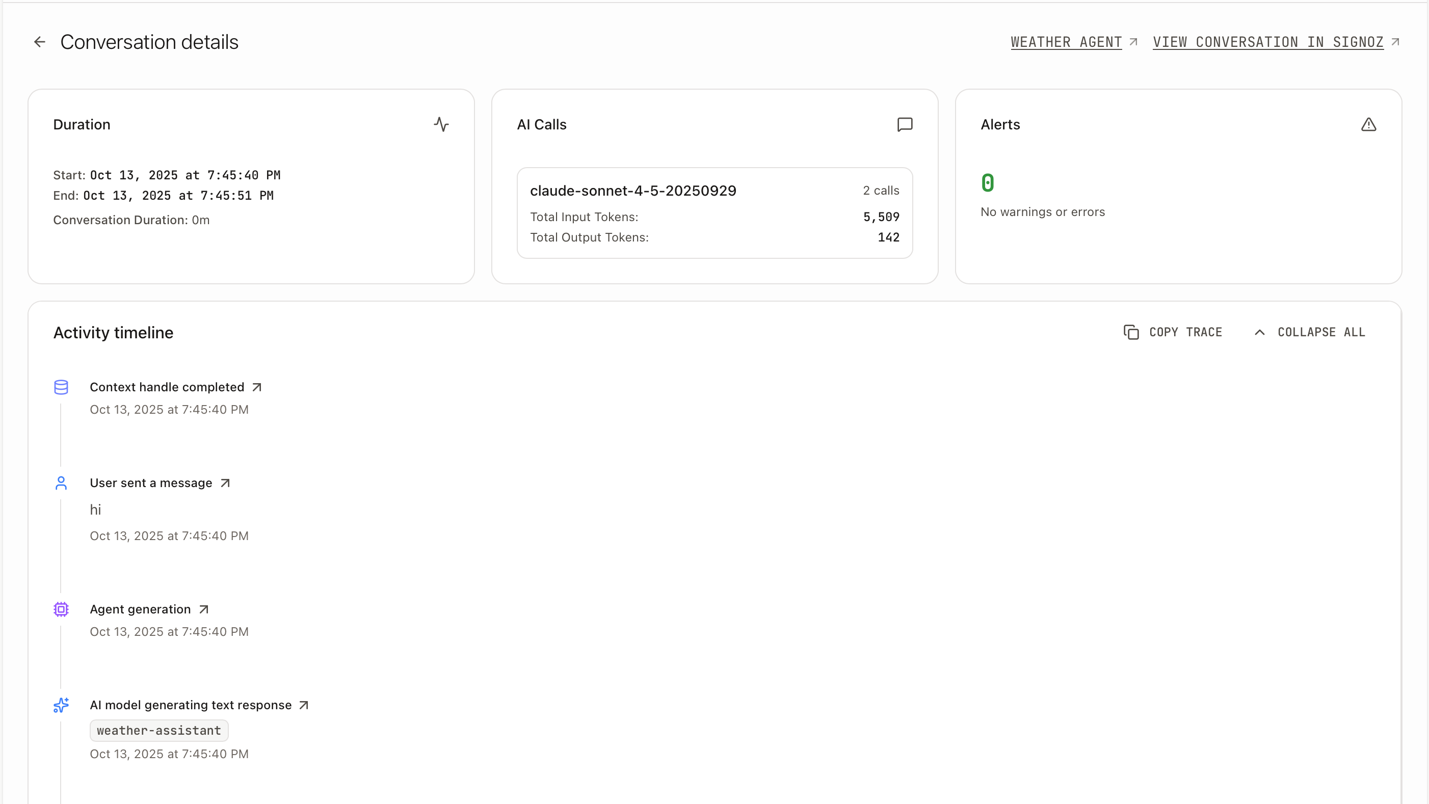 Detailed conversation trace showing step-by-step execution and timing